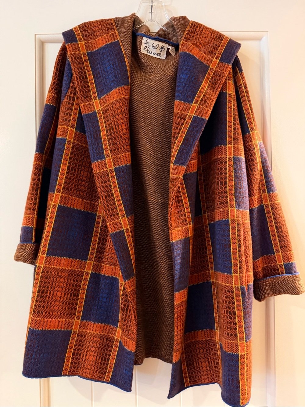 Anthropologie Rust Orange and Navy Plaid Hooded Cardigan Coat Field Flower Large